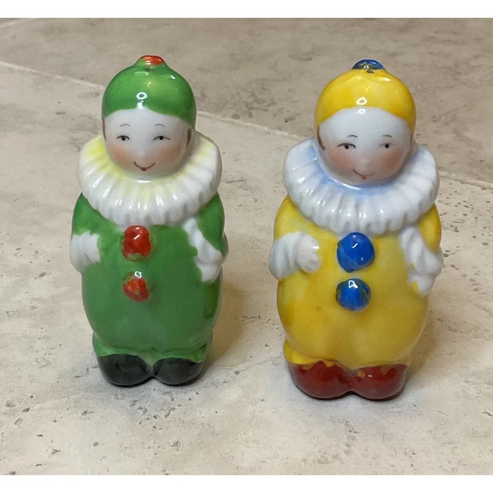 Vintage Japan Ceramic Clown Salt and Pepper Shakers Green Yellow Pierrot Set